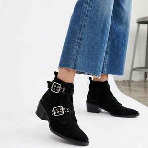 H&M Divided Black Faux Suede Ankle Boots Double Buckle Size 8